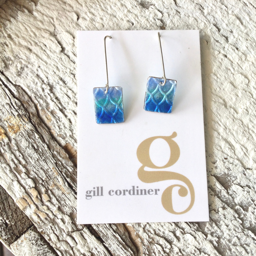 Blue Rectangle Mermaid Scale Earrings