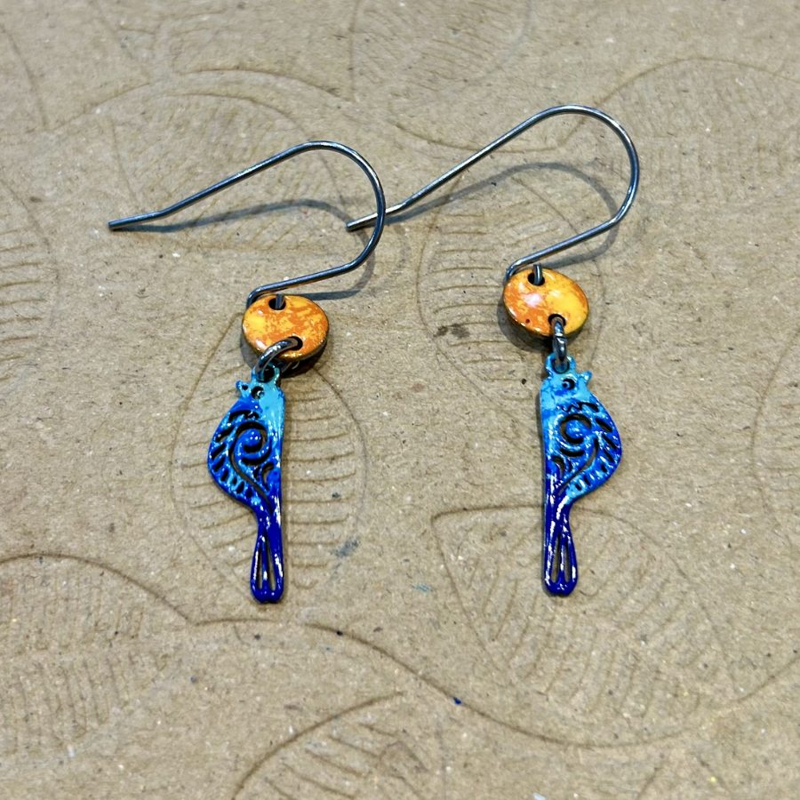 Bird and Ocean Enamel Drop Earrings