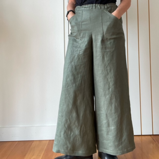 Khaki Linen Top Stitch Pants