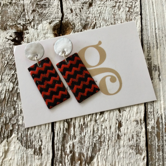 Enamel Earrings Circles & Rectangles - Black & Red Chevrons