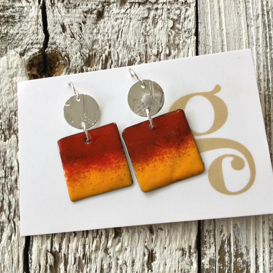 Enamel Earrings - Circles & Squares - Fire Sky