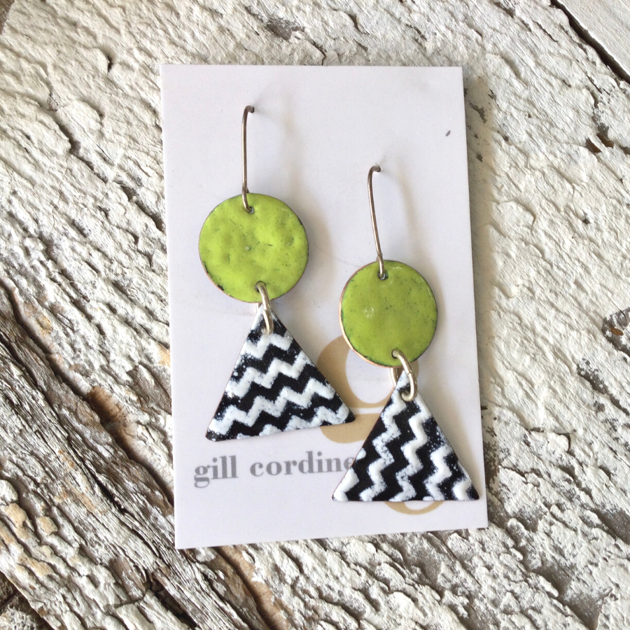 Enamel Drop Earrings - Lime Disc with Chevron Triangles