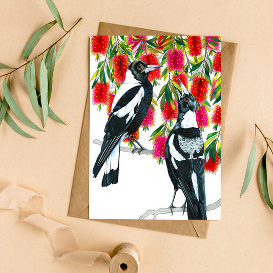 Magpies and Bottlebrushes Card