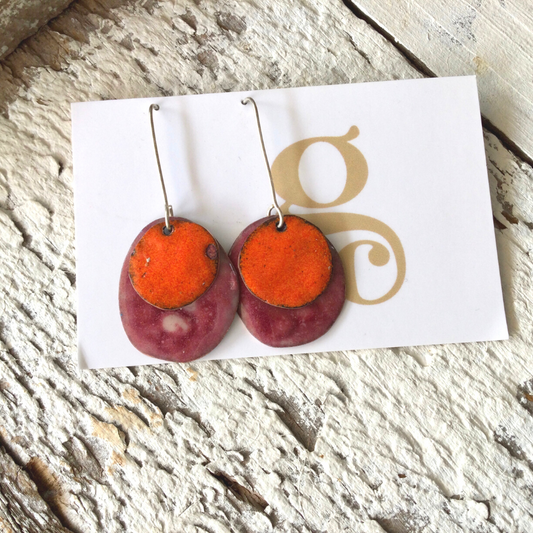 Enamel Drop Earrings - Plum & Orange Discs