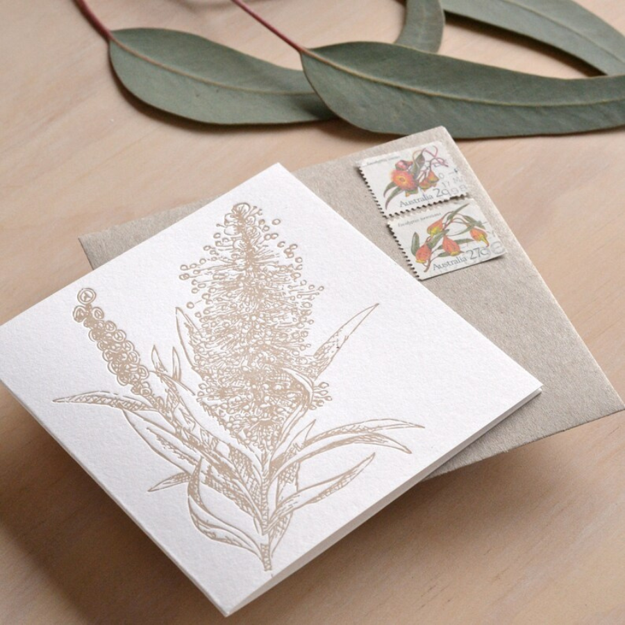 Australian Native Flora BOTTLE BRUSH  with Kraft Envelope Printed in Buff Gold