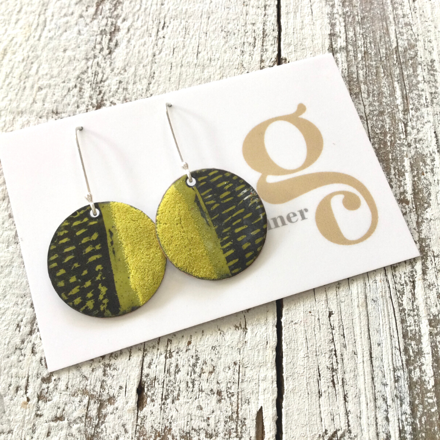 Enamel Earrings - Textured Black & Yellow Discs